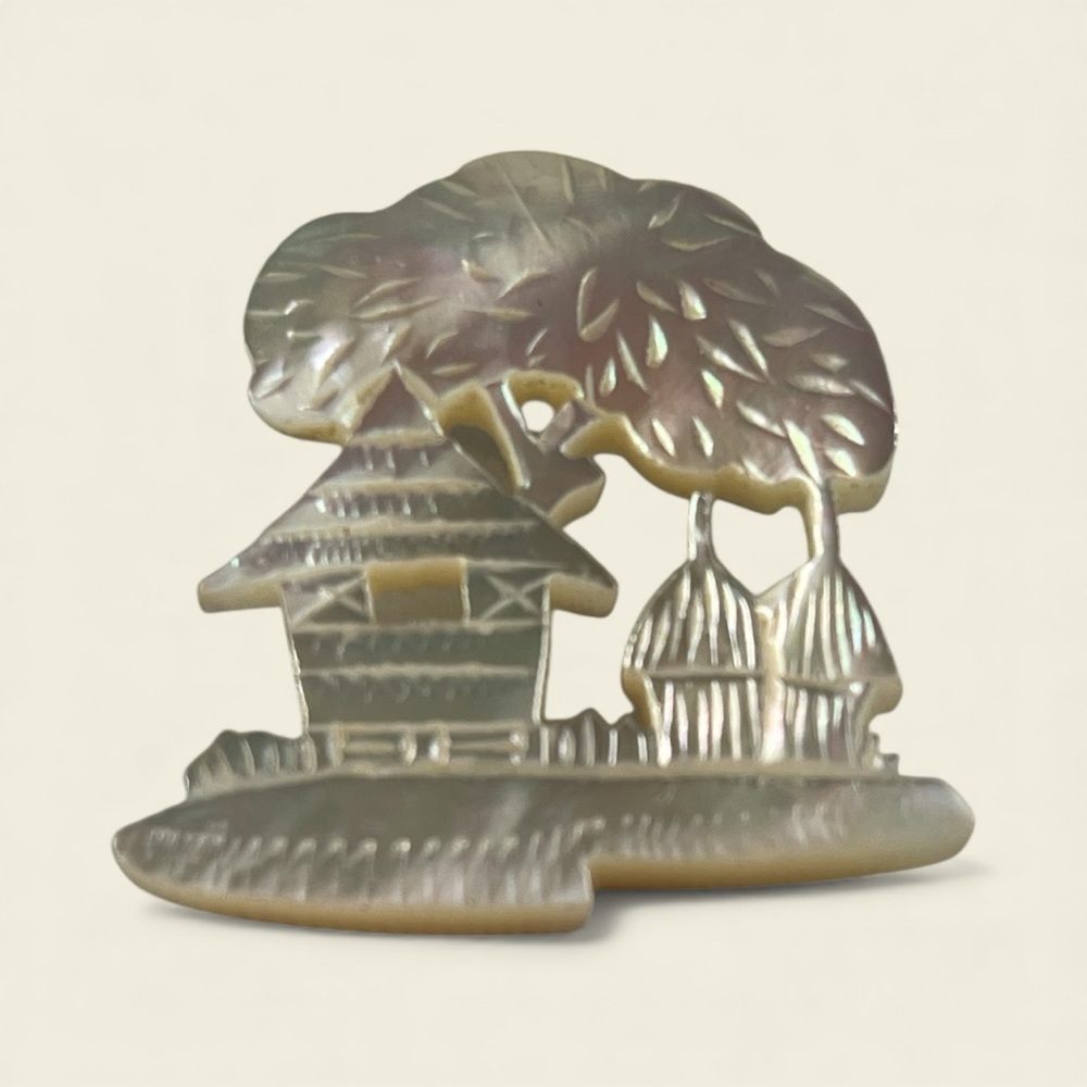 Hand-Carved Mother of Pearl Brooch – Vintage Farmhouse Folk Art Scene, C-Clasp